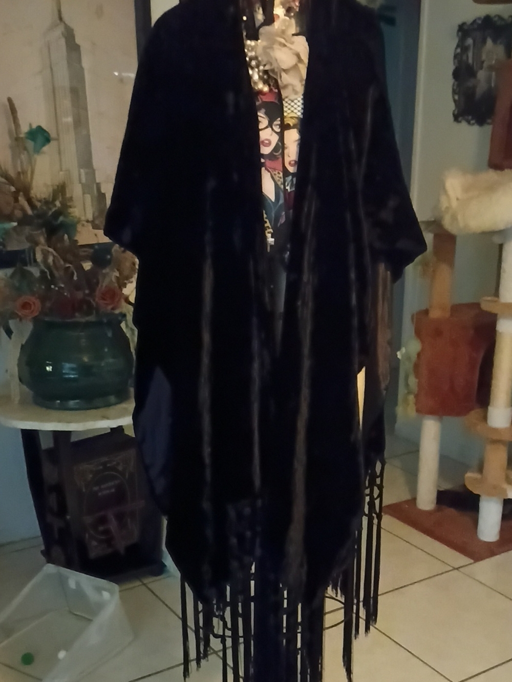 Vintage Black Velvet With Lining Fringe Open-Front Women's Cape / Shawl